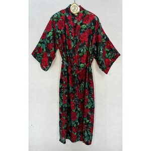 Vintage Victoria's Secret Red Floral Kimono Robe SMALL Sheer Poinsetta 90s